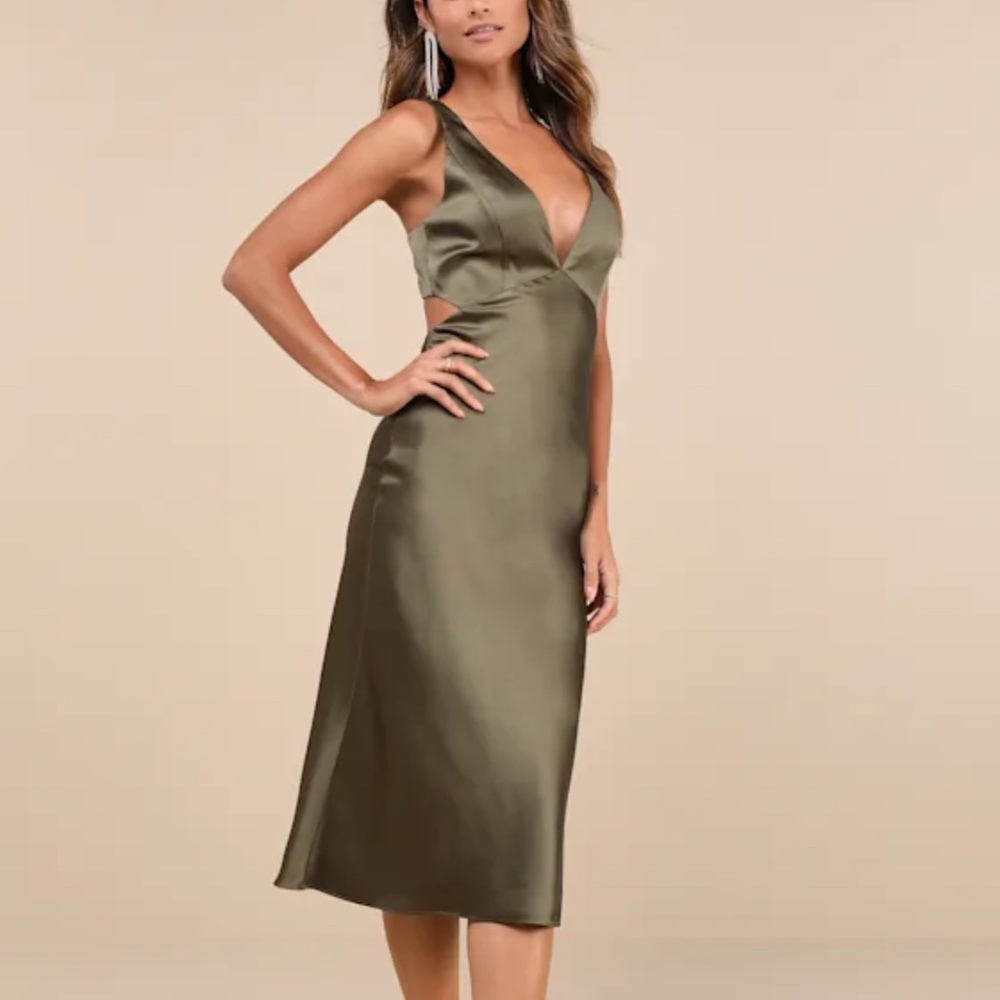 Lulus Unmatched Elegance Olive Green Satin Sleeveless Midi Cutout Dress - Size S - Picture 4 of 4